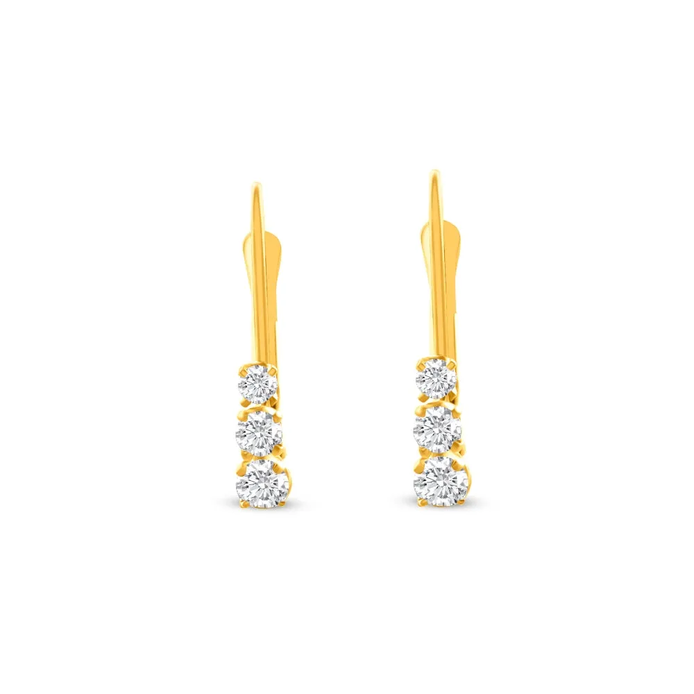 1/4Ct TW Three Stone Diamond Leverback Hoops Women's Earrings 14k Gold 1/2" Tall