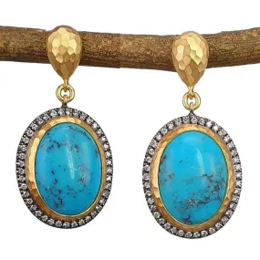 14K Gold Turquoise & Diamond Halo Drop Earrings - M9821