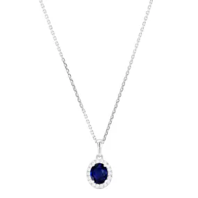 18ct White Gold 0.65ct Oval Sapphire and 0.10ct Diamond Halo Necklace