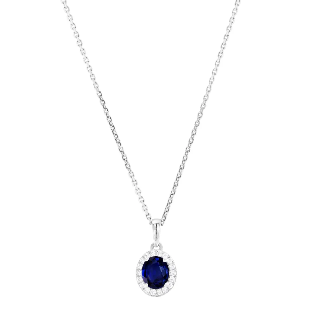 18ct White Gold 0.65ct Oval Sapphire and 0.10ct Diamond Halo Necklace