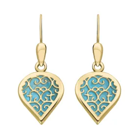18ct Yellow Gold Turquoise Flore Filigree Heart Drop Earrings
