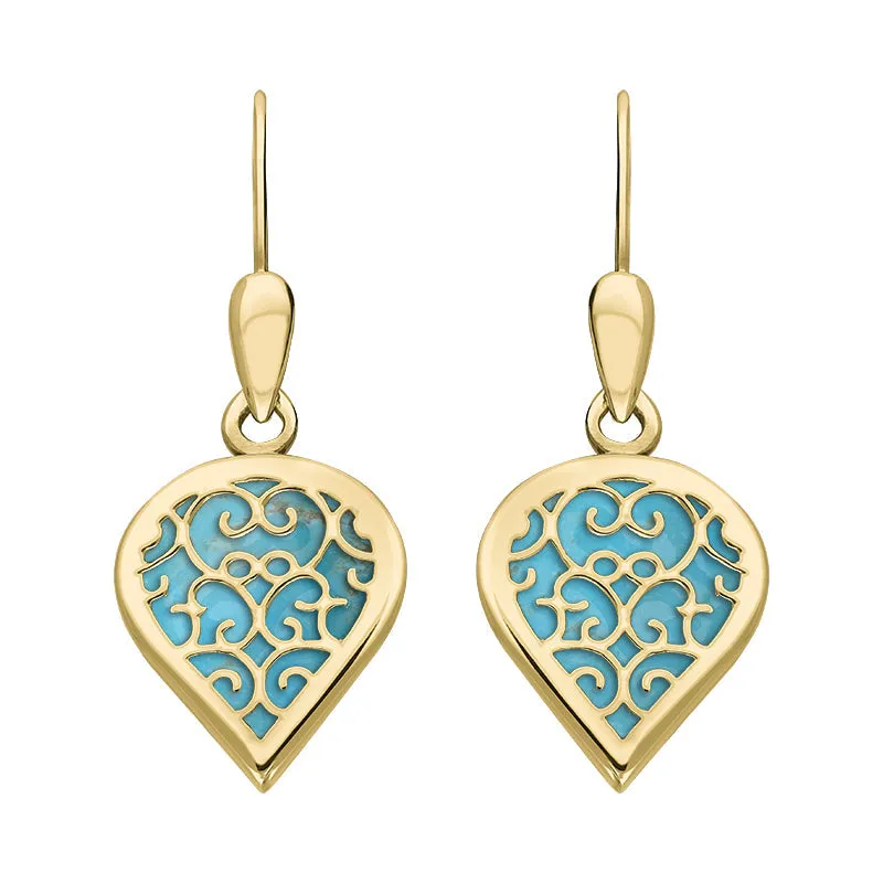18ct Yellow Gold Turquoise Flore Filigree Heart Drop Earrings