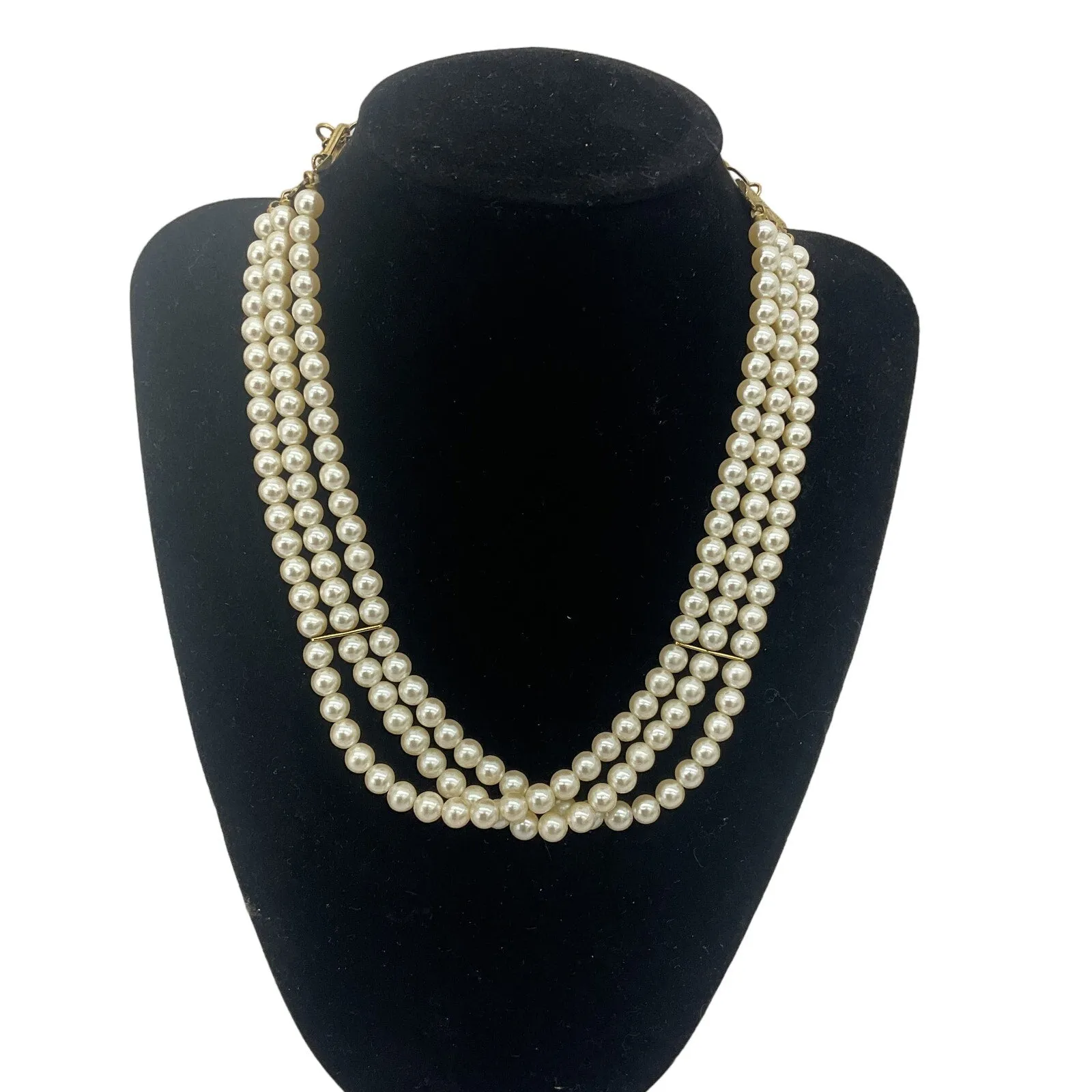 1928 Cream Faux Pearl & Gold Chain Layered Womens Necklace, Preowned, Plastic