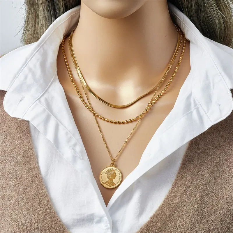 316L Stainless Steel Round Portrait Coin Pendant Necklace For Women