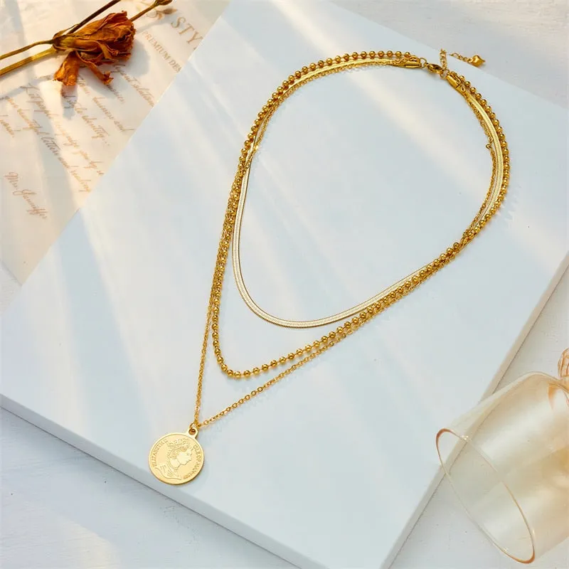 316L Stainless Steel Round Portrait Coin Pendant Necklace For Women