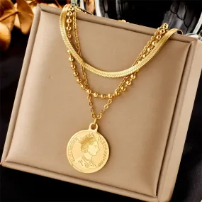 316L Stainless Steel Round Portrait Coin Pendant Necklace For Women