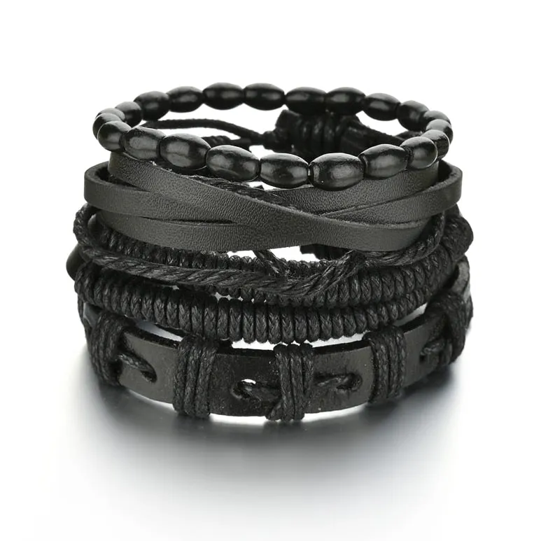 3/4Pcs/ Set  Braided Wrap Leather Bracelet for Men Vintage Life Tree Guitar Wood Beads Fashion Male Bracelets Wristband