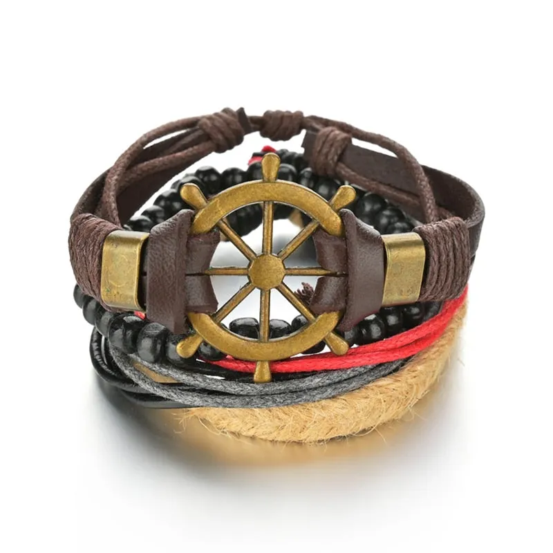 3/4Pcs/ Set  Braided Wrap Leather Bracelet for Men Vintage Life Tree Guitar Wood Beads Fashion Male Bracelets Wristband