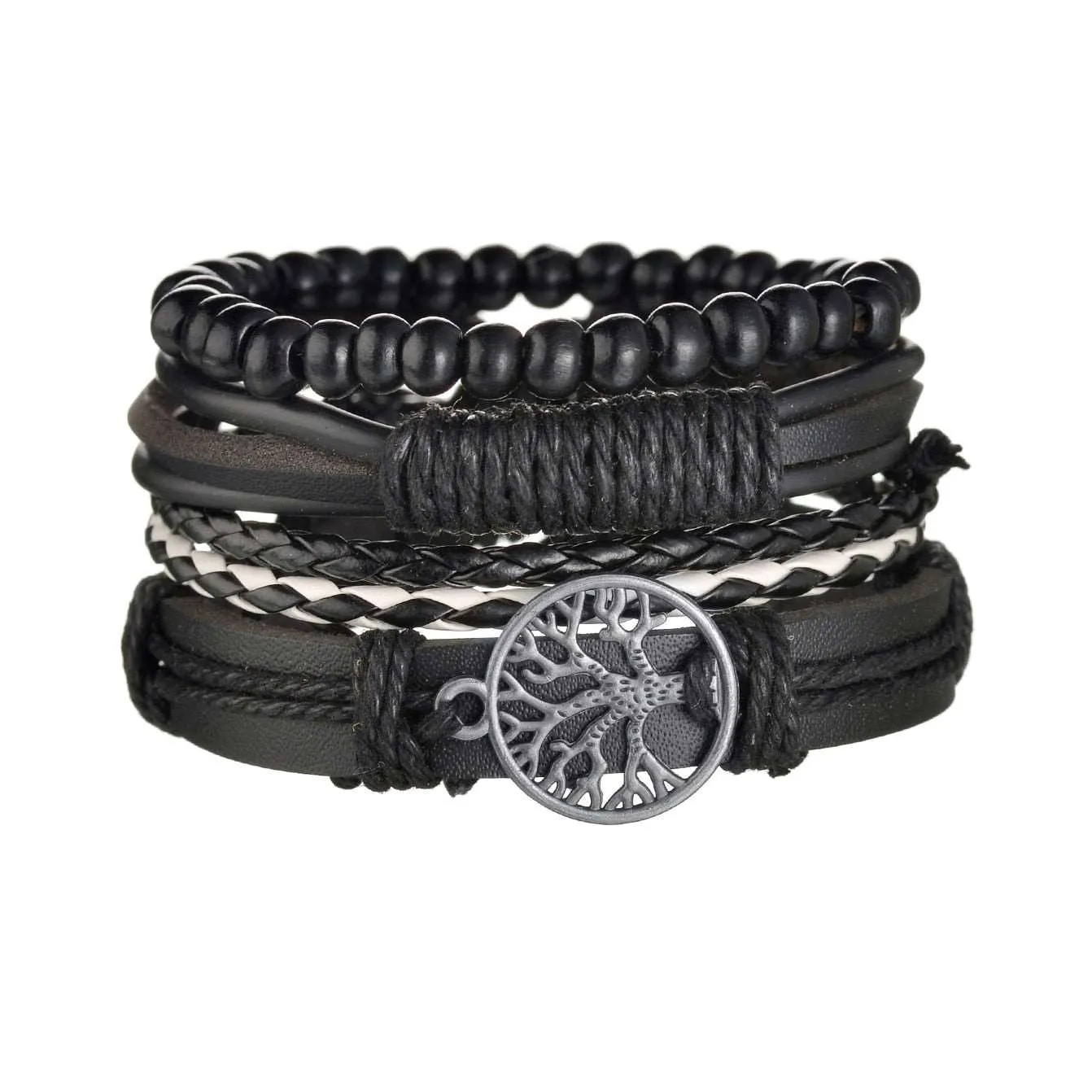3/4Pcs/ Set  Braided Wrap Leather Bracelet for Men Vintage Life Tree Guitar Wood Beads Fashion Male Bracelets Wristband