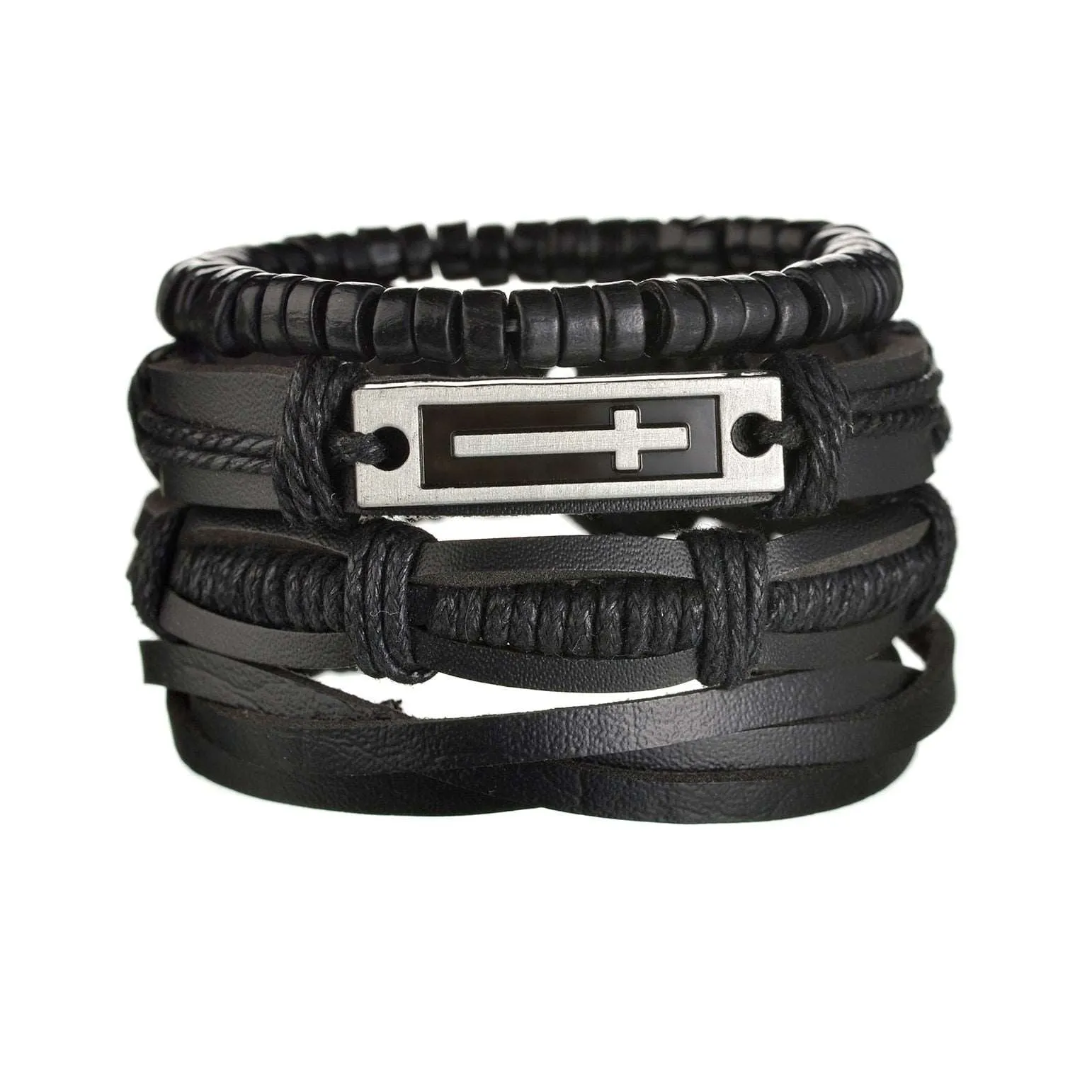 3/4Pcs/ Set  Braided Wrap Leather Bracelet for Men Vintage Life Tree Guitar Wood Beads Fashion Male Bracelets Wristband