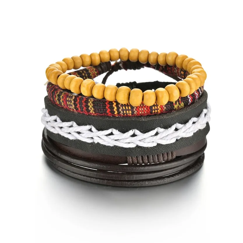 3/4Pcs/ Set  Braided Wrap Leather Bracelet for Men Vintage Life Tree Guitar Wood Beads Fashion Male Bracelets Wristband