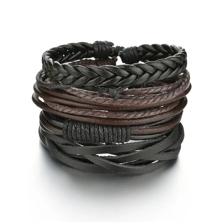 3/4Pcs/ Set  Braided Wrap Leather Bracelet for Men Vintage Life Tree Guitar Wood Beads Fashion Male Bracelets Wristband