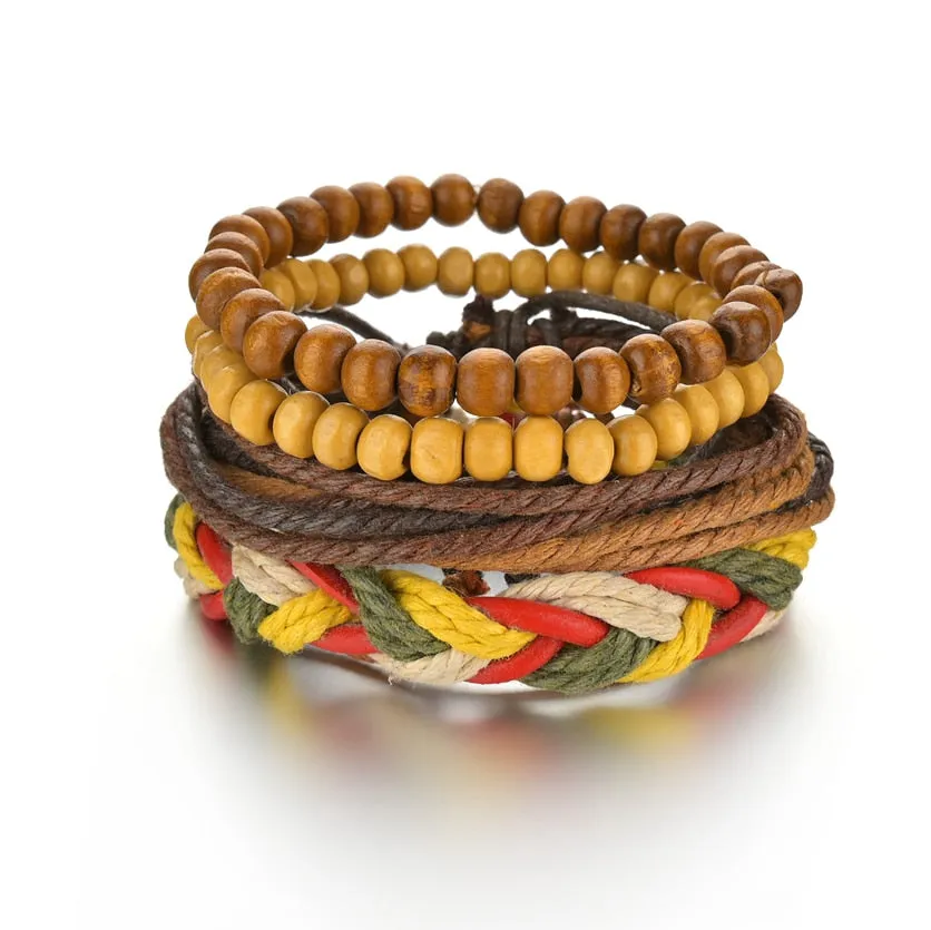 3/4Pcs/ Set  Braided Wrap Leather Bracelet for Men Vintage Life Tree Guitar Wood Beads Fashion Male Bracelets Wristband