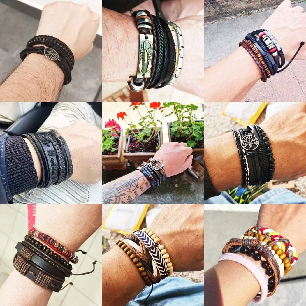 3/4Pcs/ Set  Braided Wrap Leather Bracelet for Men Vintage Life Tree Guitar Wood Beads Fashion Male Bracelets Wristband