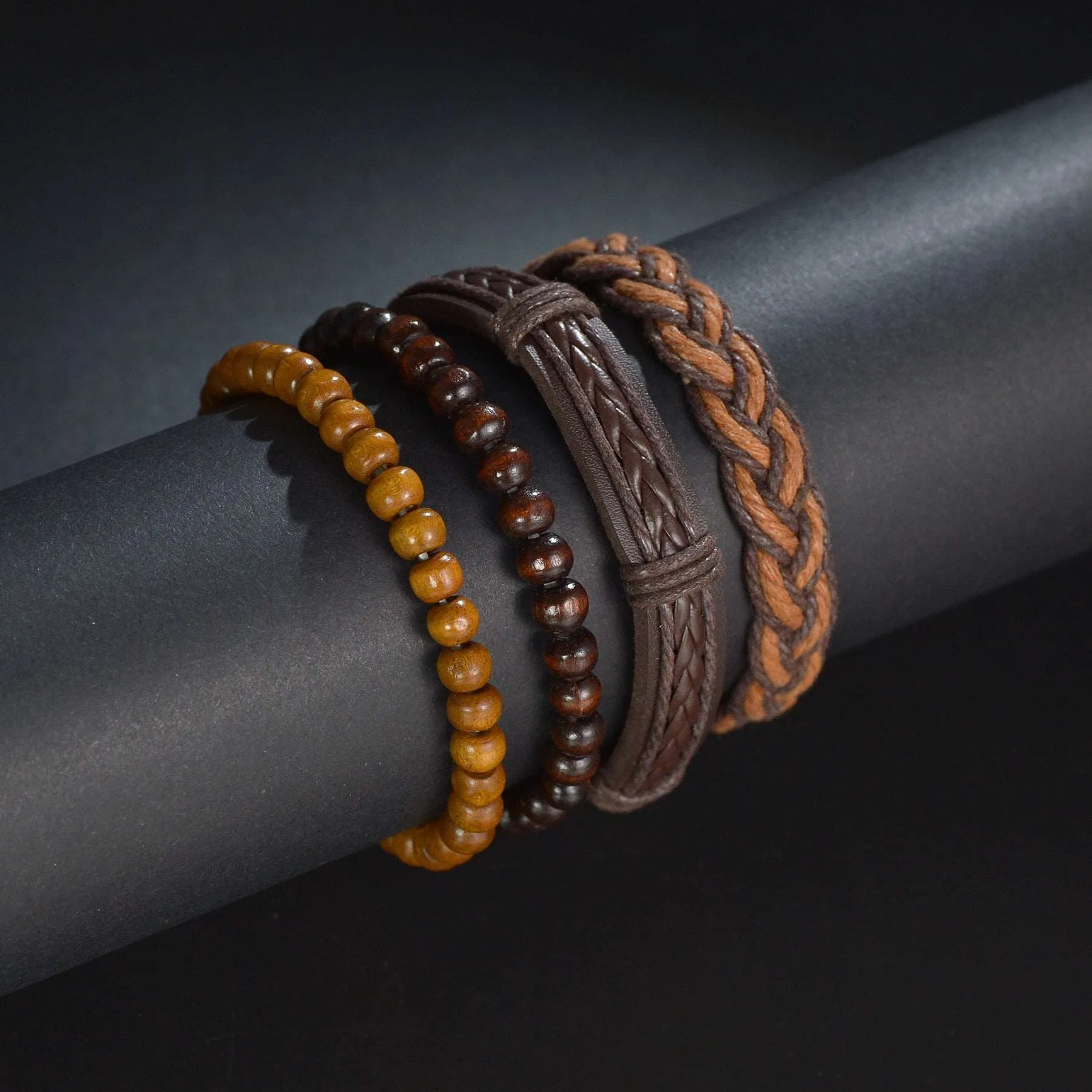 3/4Pcs/ Set  Braided Wrap Leather Bracelet for Men Vintage Life Tree Guitar Wood Beads Fashion Male Bracelets Wristband
