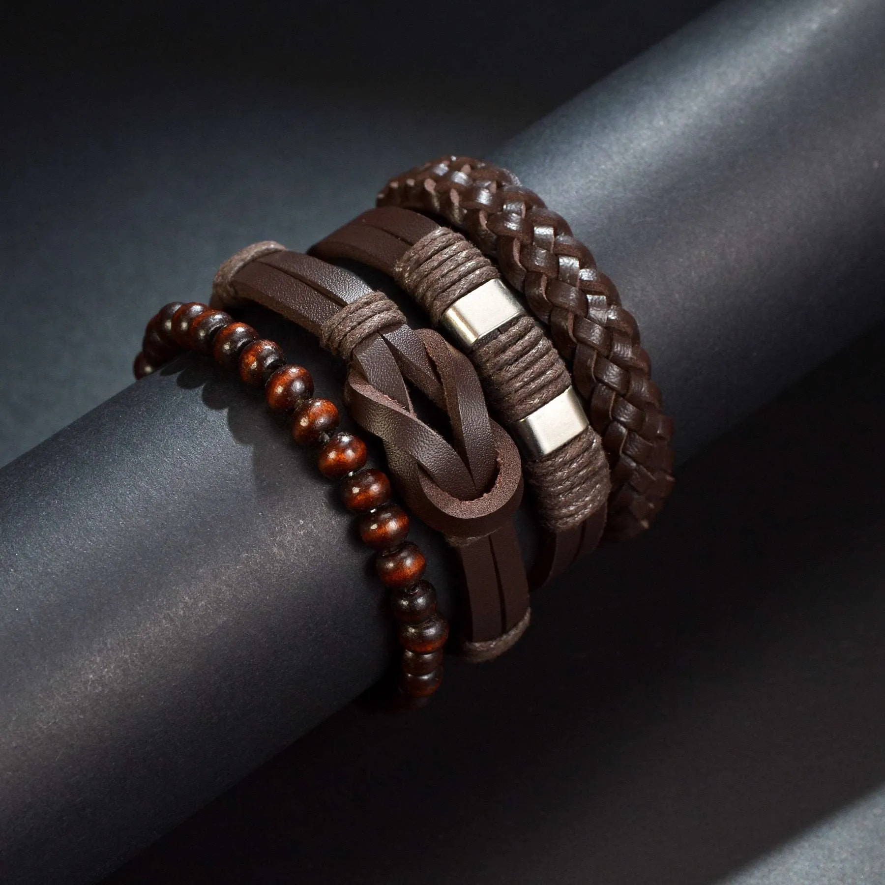 3/4Pcs/ Set  Braided Wrap Leather Bracelet for Men Vintage Life Tree Guitar Wood Beads Fashion Male Bracelets Wristband