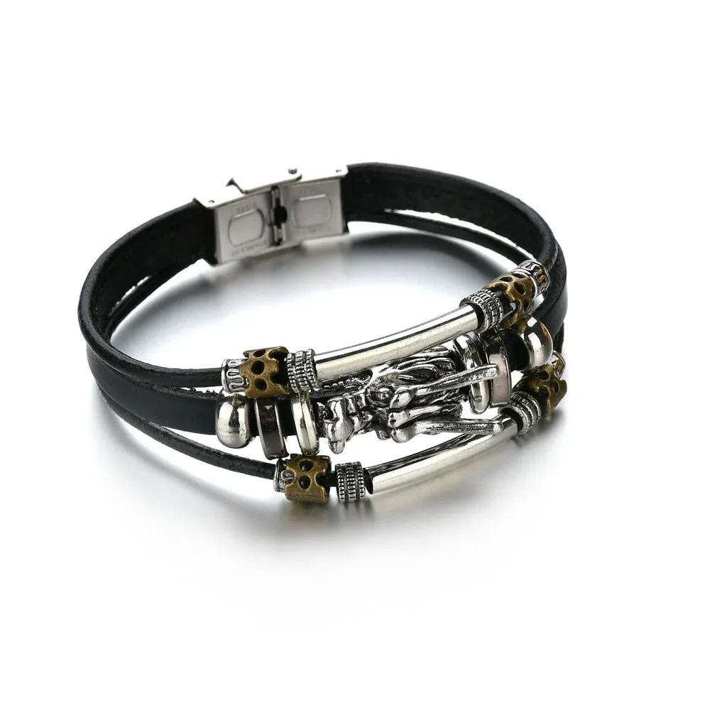 3/4Pcs/ Set  Braided Wrap Leather Bracelet for Men Vintage Life Tree Guitar Wood Beads Fashion Male Bracelets Wristband
