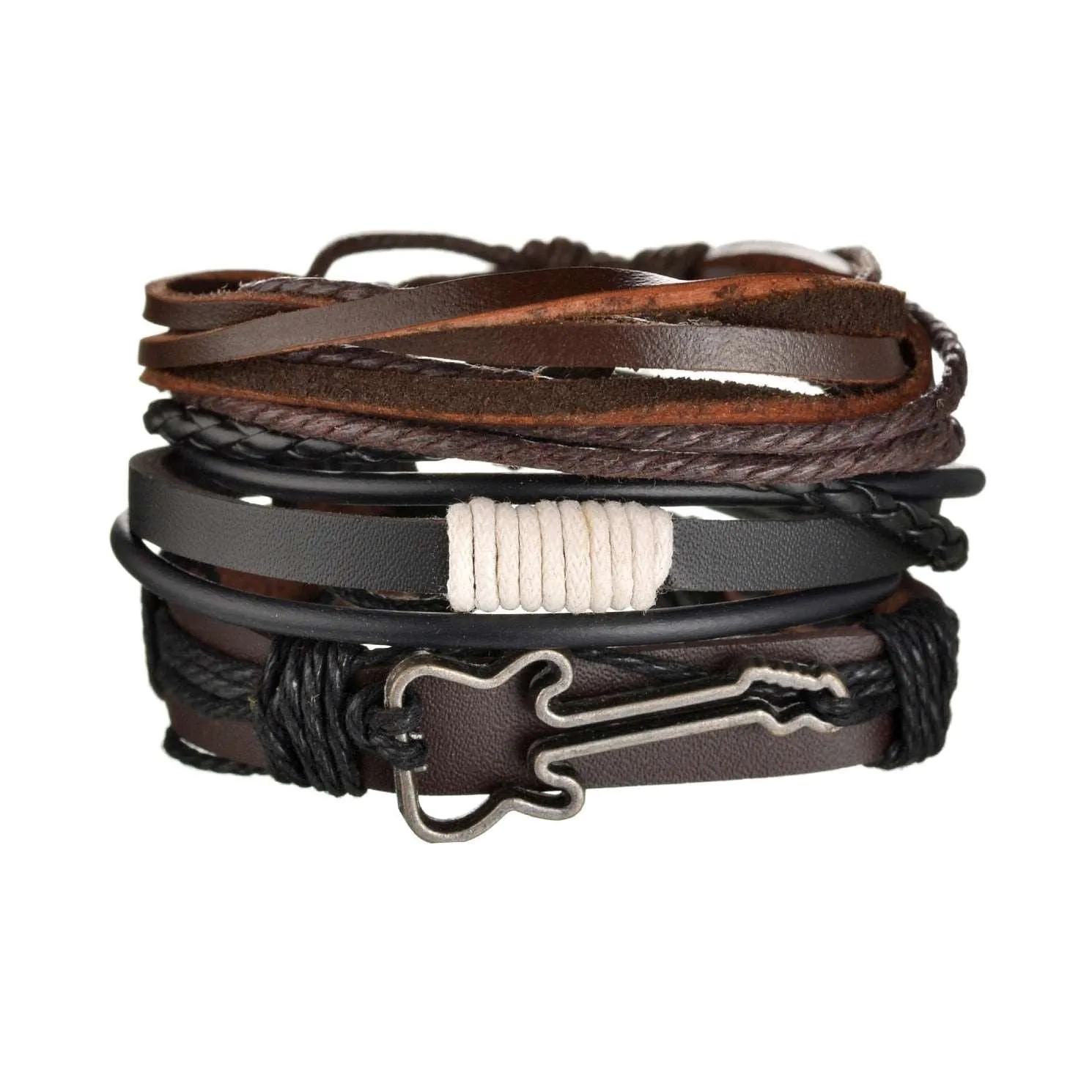 3/4Pcs/ Set  Braided Wrap Leather Bracelet for Men Vintage Life Tree Guitar Wood Beads Fashion Male Bracelets Wristband