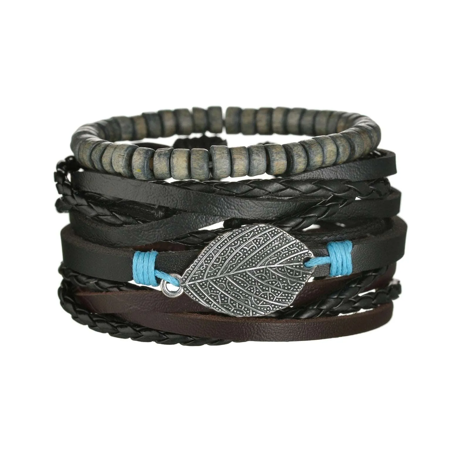3/4Pcs/ Set  Braided Wrap Leather Bracelet for Men Vintage Life Tree Guitar Wood Beads Fashion Male Bracelets Wristband