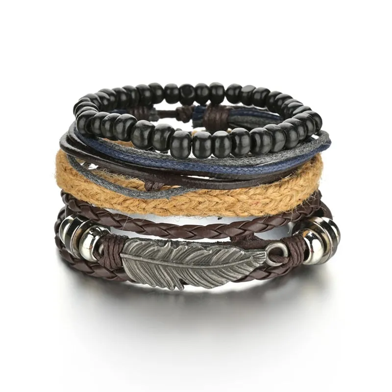3/4Pcs/ Set  Braided Wrap Leather Bracelet for Men Vintage Life Tree Guitar Wood Beads Fashion Male Bracelets Wristband