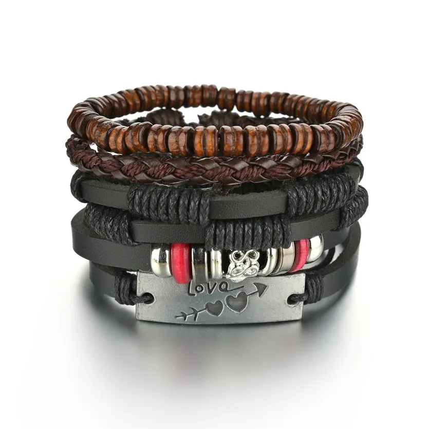 3/4Pcs/ Set  Braided Wrap Leather Bracelet for Men Vintage Life Tree Guitar Wood Beads Fashion Male Bracelets Wristband