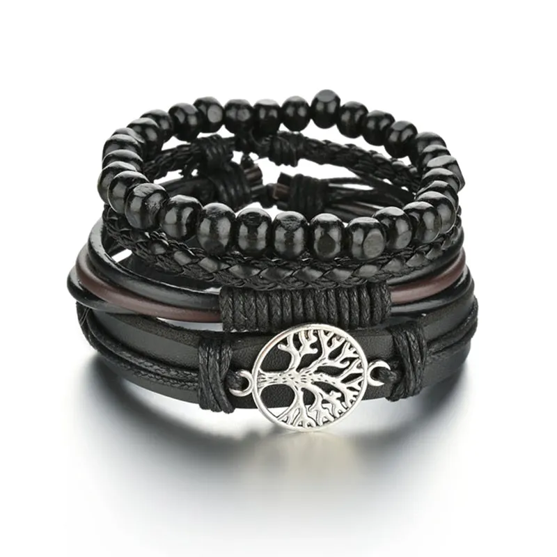 3/4Pcs/ Set  Braided Wrap Leather Bracelet for Men Vintage Life Tree Guitar Wood Beads Fashion Male Bracelets Wristband