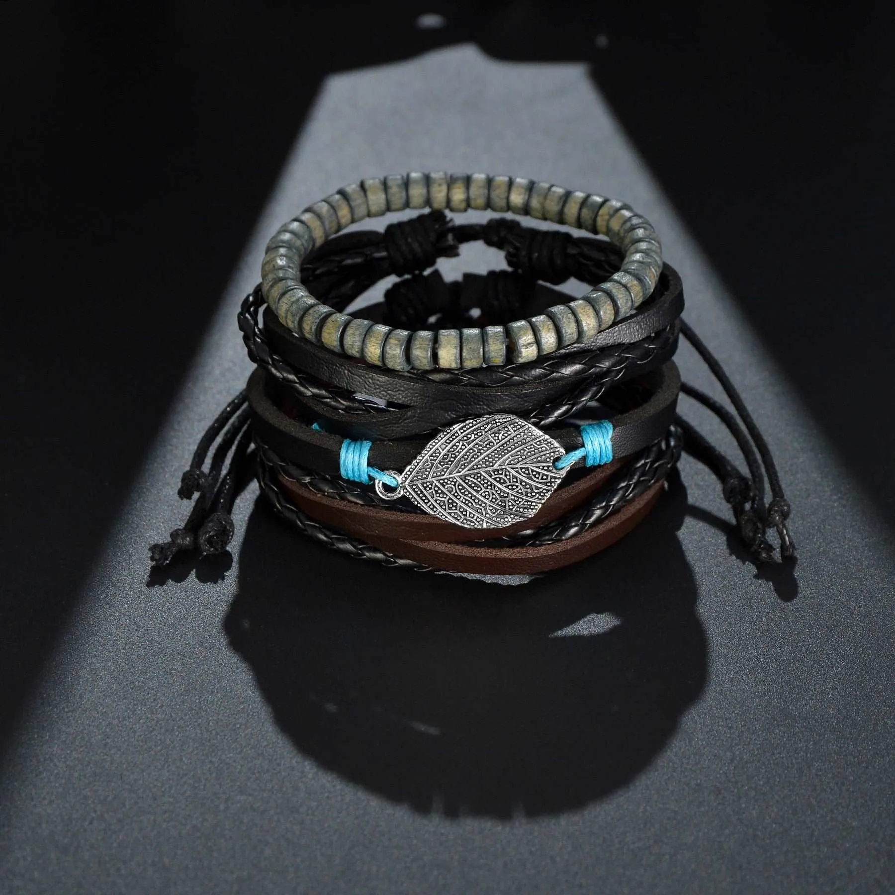 3/4Pcs/ Set  Braided Wrap Leather Bracelet for Men Vintage Life Tree Guitar Wood Beads Fashion Male Bracelets Wristband