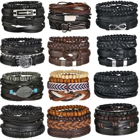 3/4Pcs/ Set  Braided Wrap Leather Bracelet for Men Vintage Life Tree Guitar Wood Beads Fashion Male Bracelets Wristband