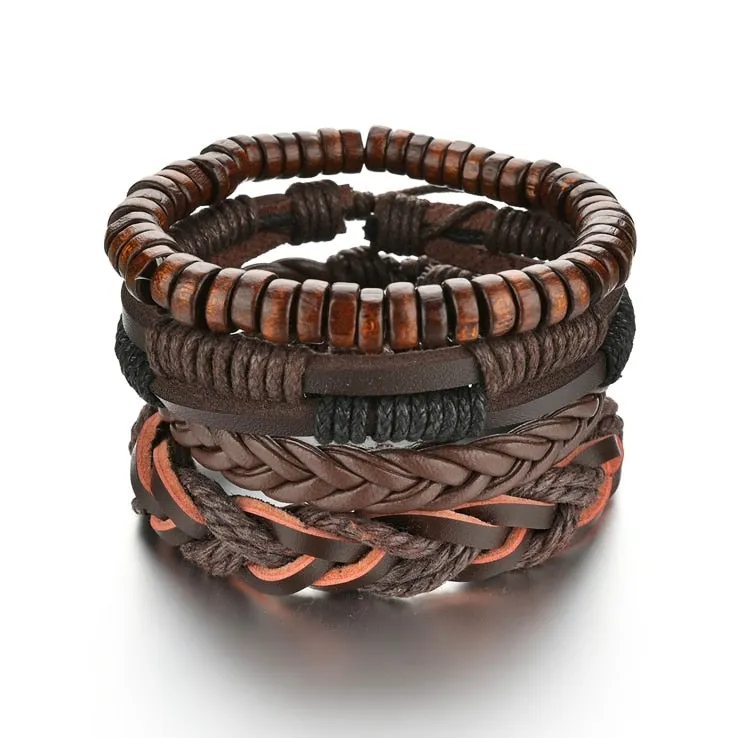 3/4Pcs/ Set  Braided Wrap Leather Bracelet for Men Vintage Life Tree Guitar Wood Beads Fashion Male Bracelets Wristband