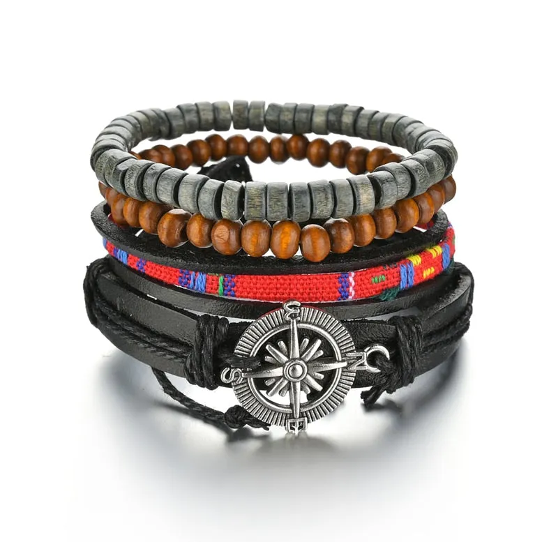 3/4Pcs/ Set  Braided Wrap Leather Bracelet for Men Vintage Life Tree Guitar Wood Beads Fashion Male Bracelets Wristband