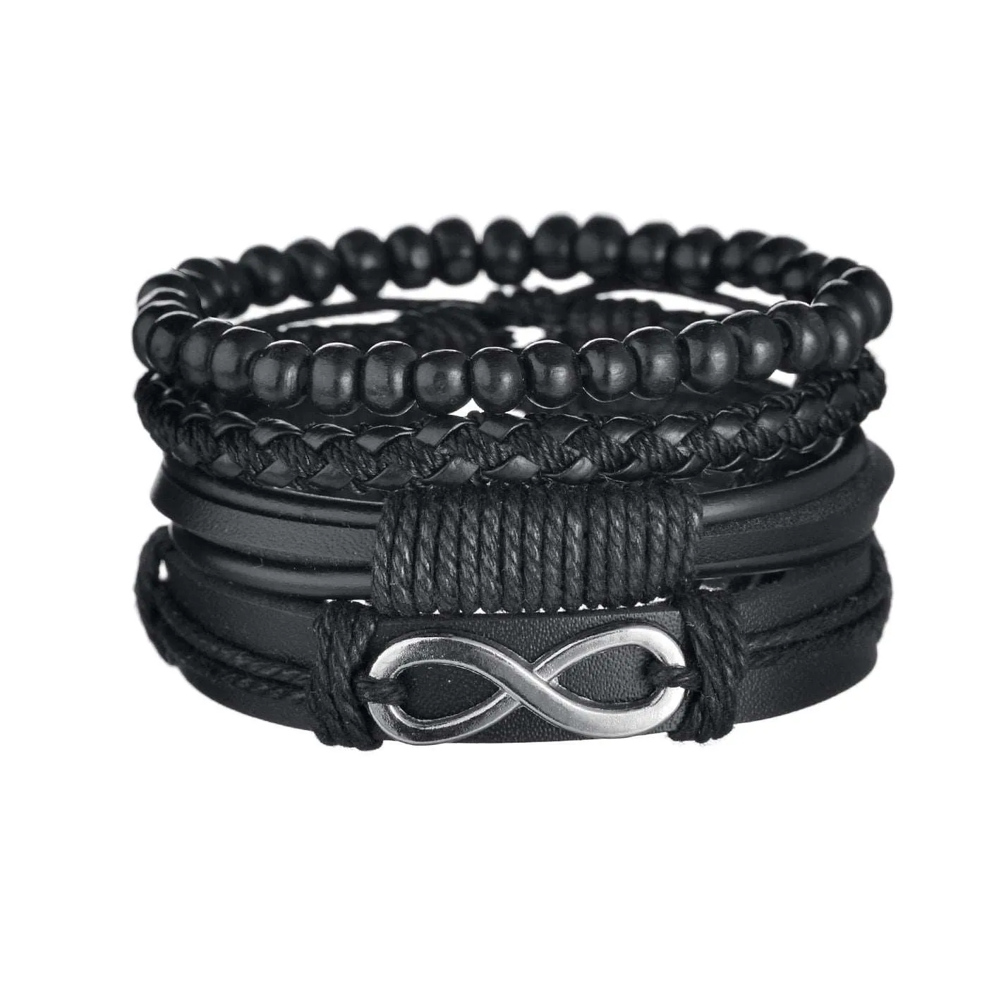 3/4Pcs/ Set  Braided Wrap Leather Bracelet for Men Vintage Life Tree Guitar Wood Beads Fashion Male Bracelets Wristband