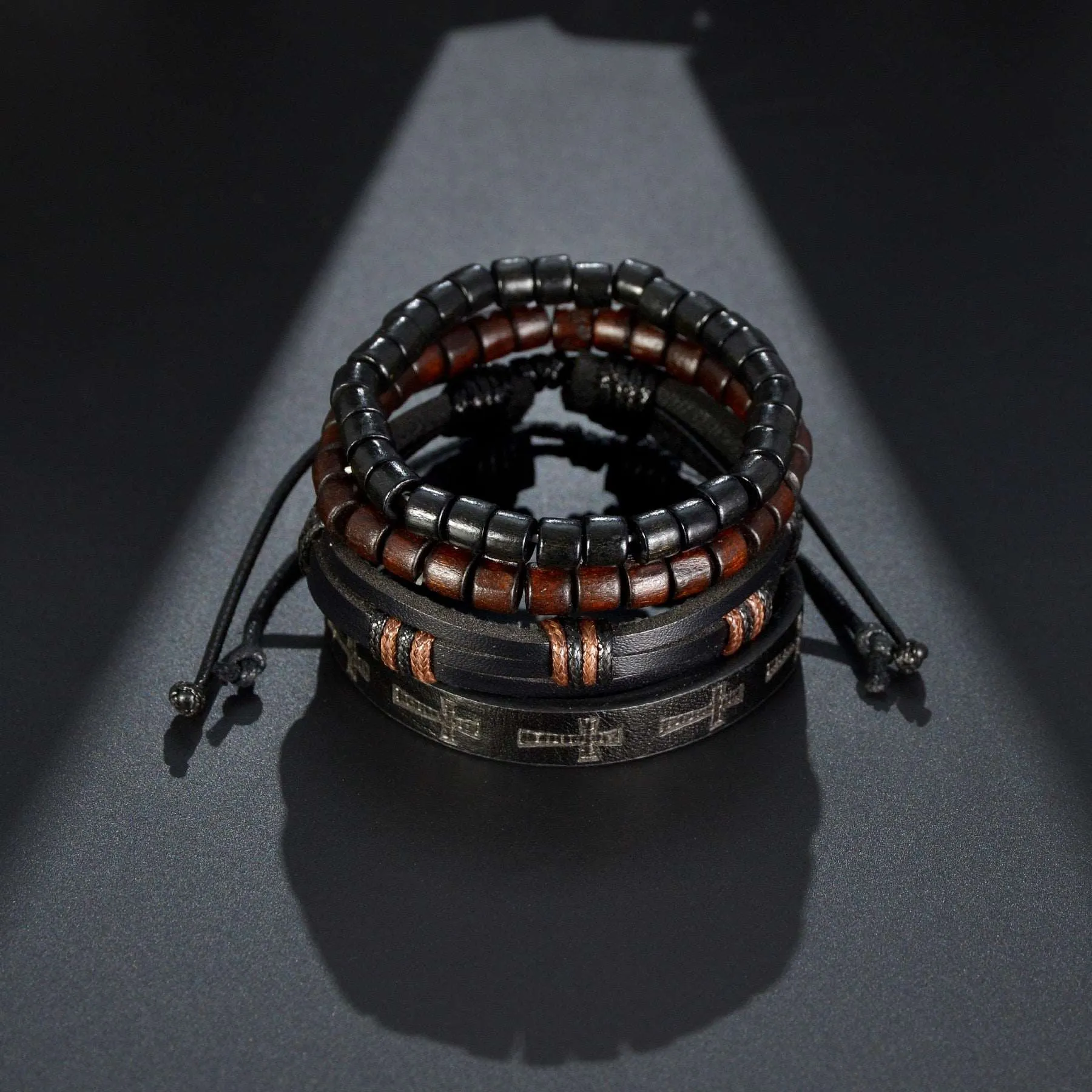 3/4Pcs/ Set  Braided Wrap Leather Bracelet for Men Vintage Life Tree Guitar Wood Beads Fashion Male Bracelets Wristband