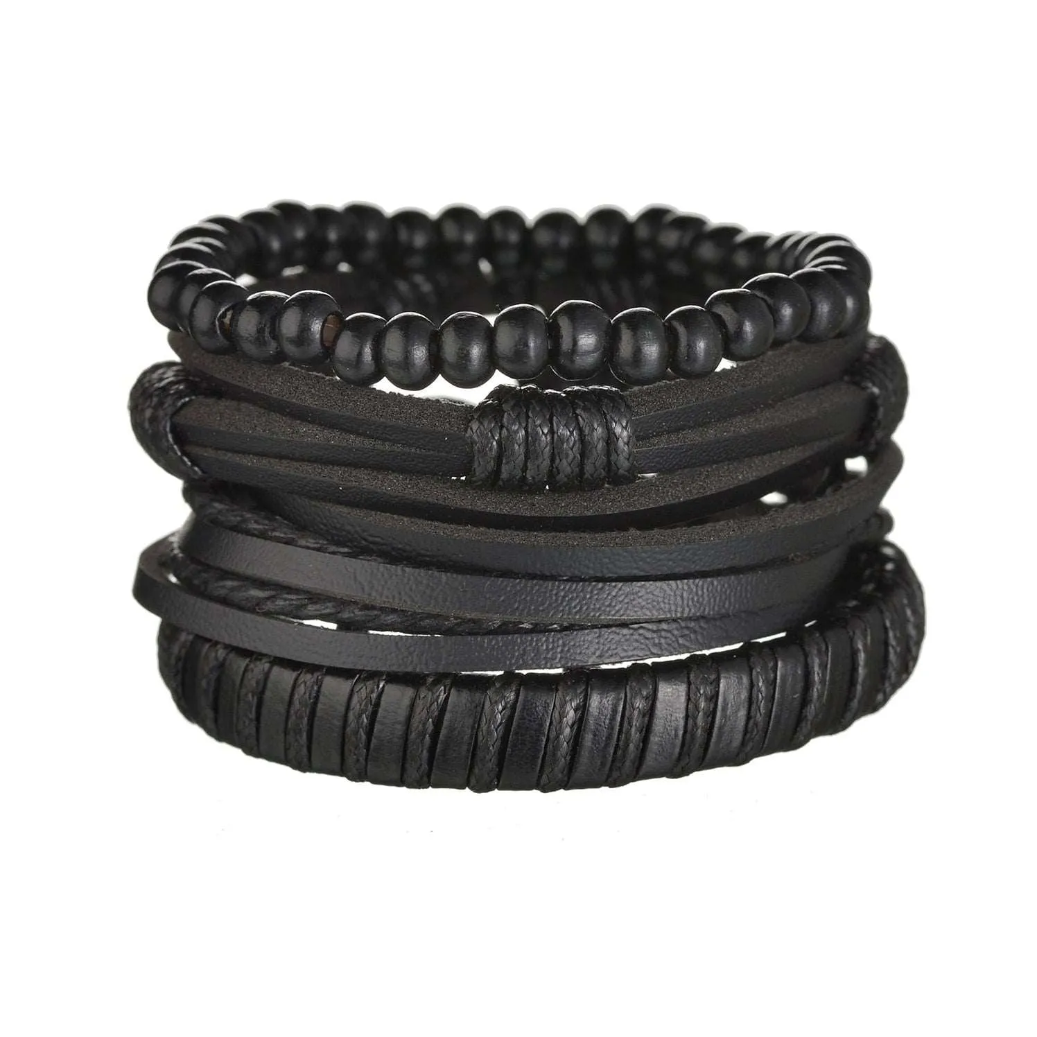 3/4Pcs/ Set  Braided Wrap Leather Bracelet for Men Vintage Life Tree Guitar Wood Beads Fashion Male Bracelets Wristband
