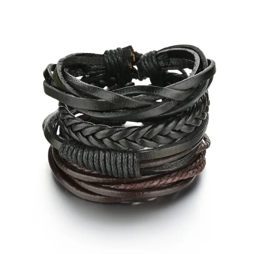 3/4Pcs/ Set  Braided Wrap Leather Bracelet for Men Vintage Life Tree Guitar Wood Beads Fashion Male Bracelets Wristband