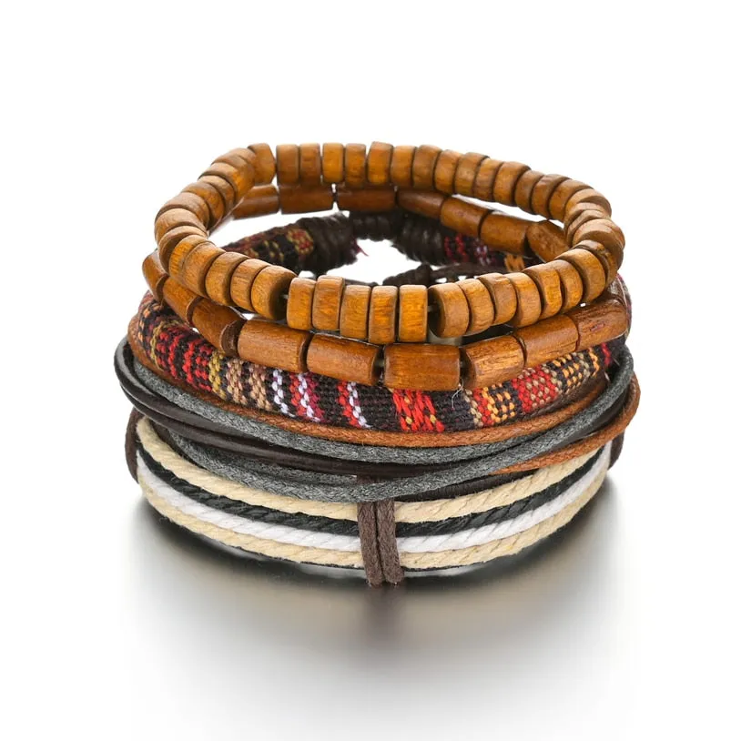 3/4Pcs/ Set  Braided Wrap Leather Bracelet for Men Vintage Life Tree Guitar Wood Beads Fashion Male Bracelets Wristband
