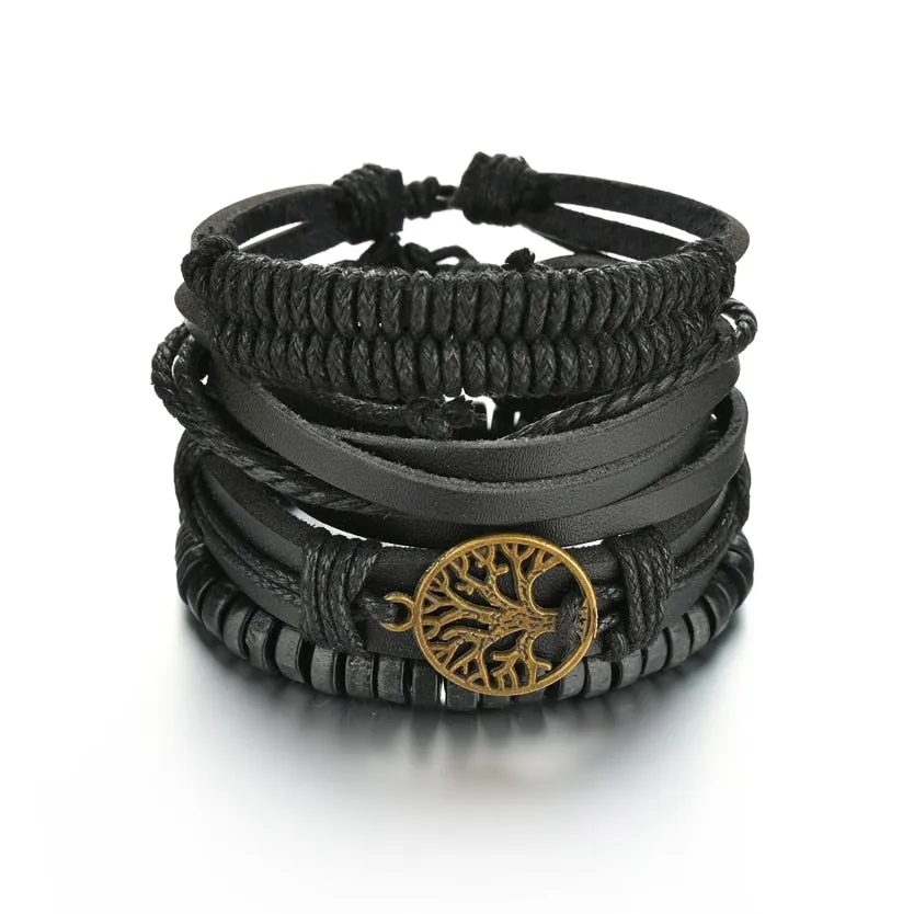 3/4Pcs/ Set  Braided Wrap Leather Bracelet for Men Vintage Life Tree Guitar Wood Beads Fashion Male Bracelets Wristband
