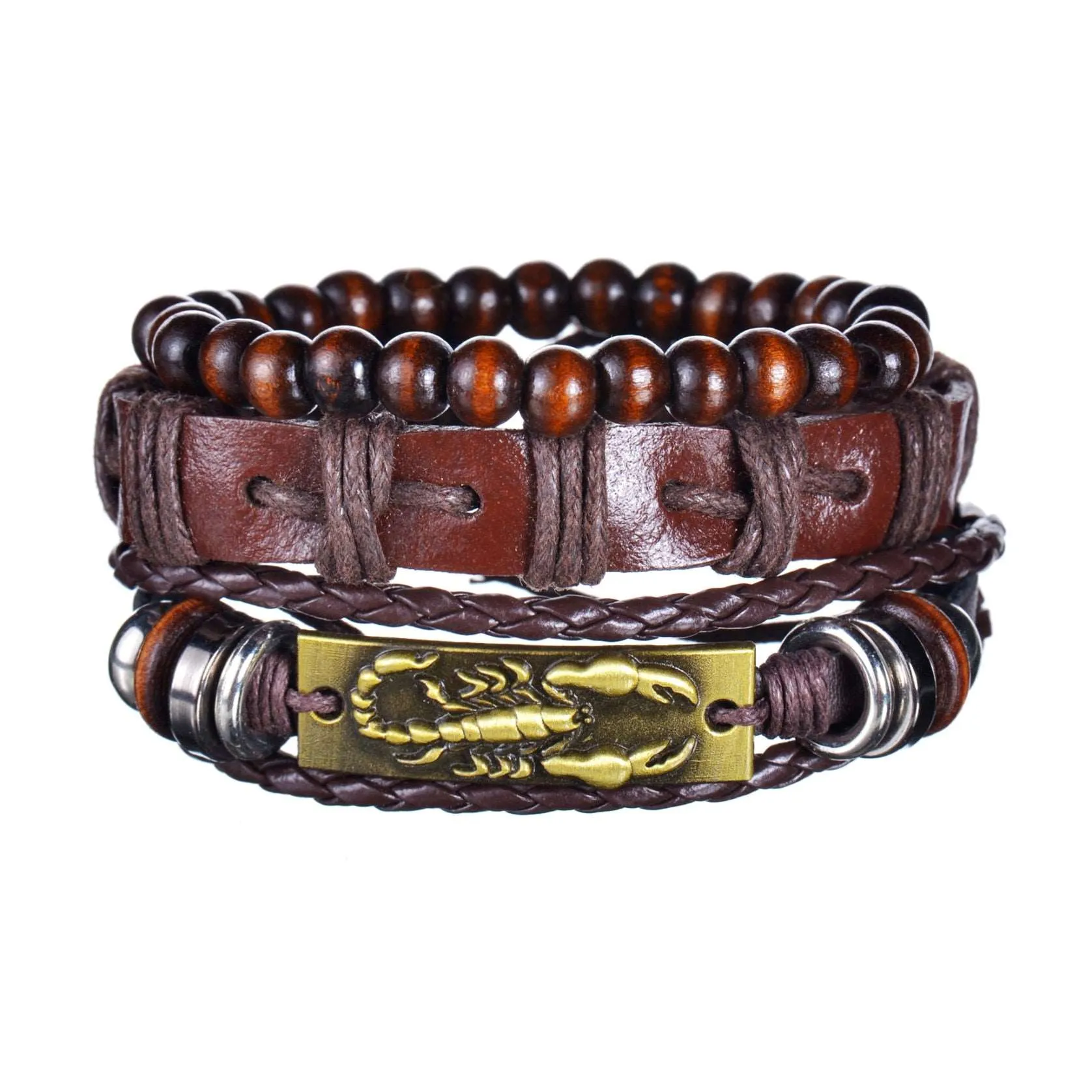3/4Pcs/ Set  Braided Wrap Leather Bracelet for Men Vintage Life Tree Guitar Wood Beads Fashion Male Bracelets Wristband