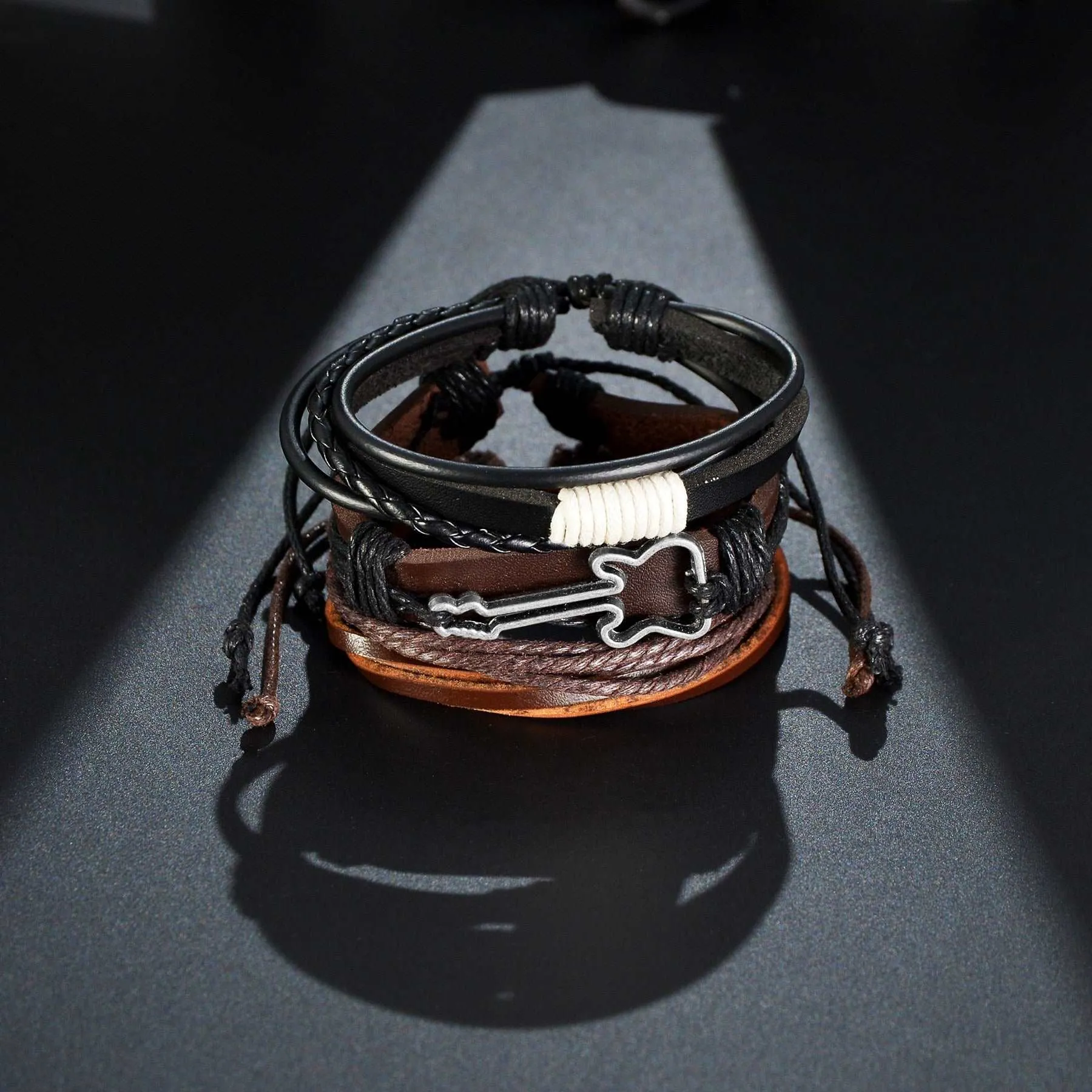 3/4Pcs/ Set  Braided Wrap Leather Bracelet for Men Vintage Life Tree Guitar Wood Beads Fashion Male Bracelets Wristband