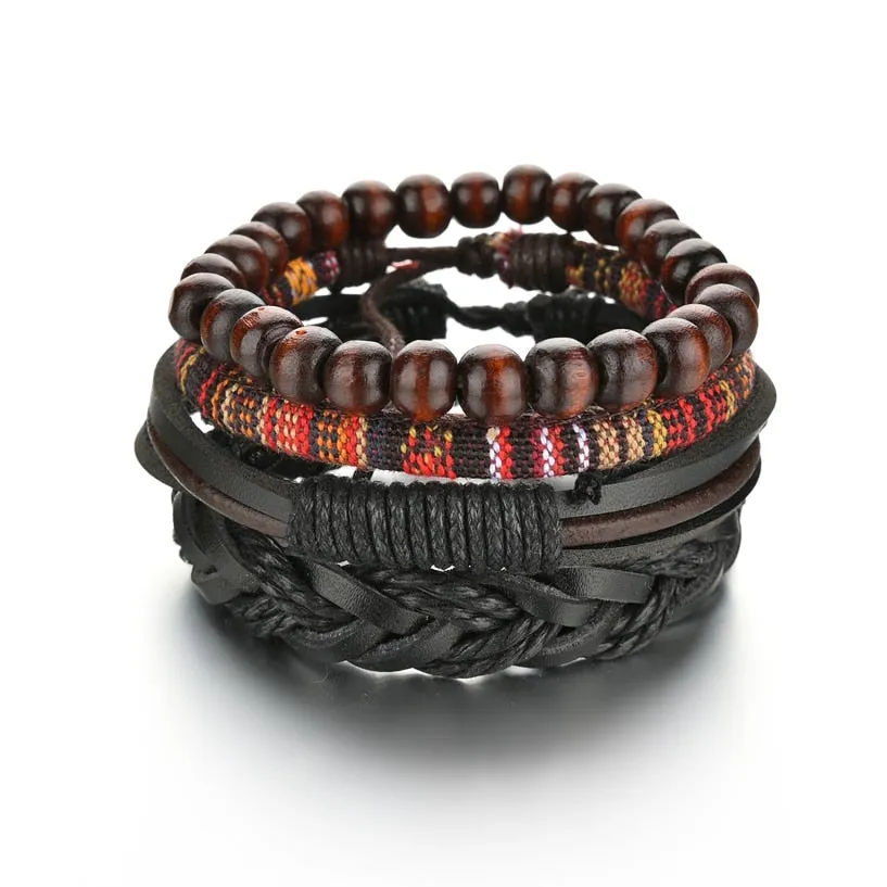 3/4Pcs/ Set  Braided Wrap Leather Bracelet for Men Vintage Life Tree Guitar Wood Beads Fashion Male Bracelets Wristband