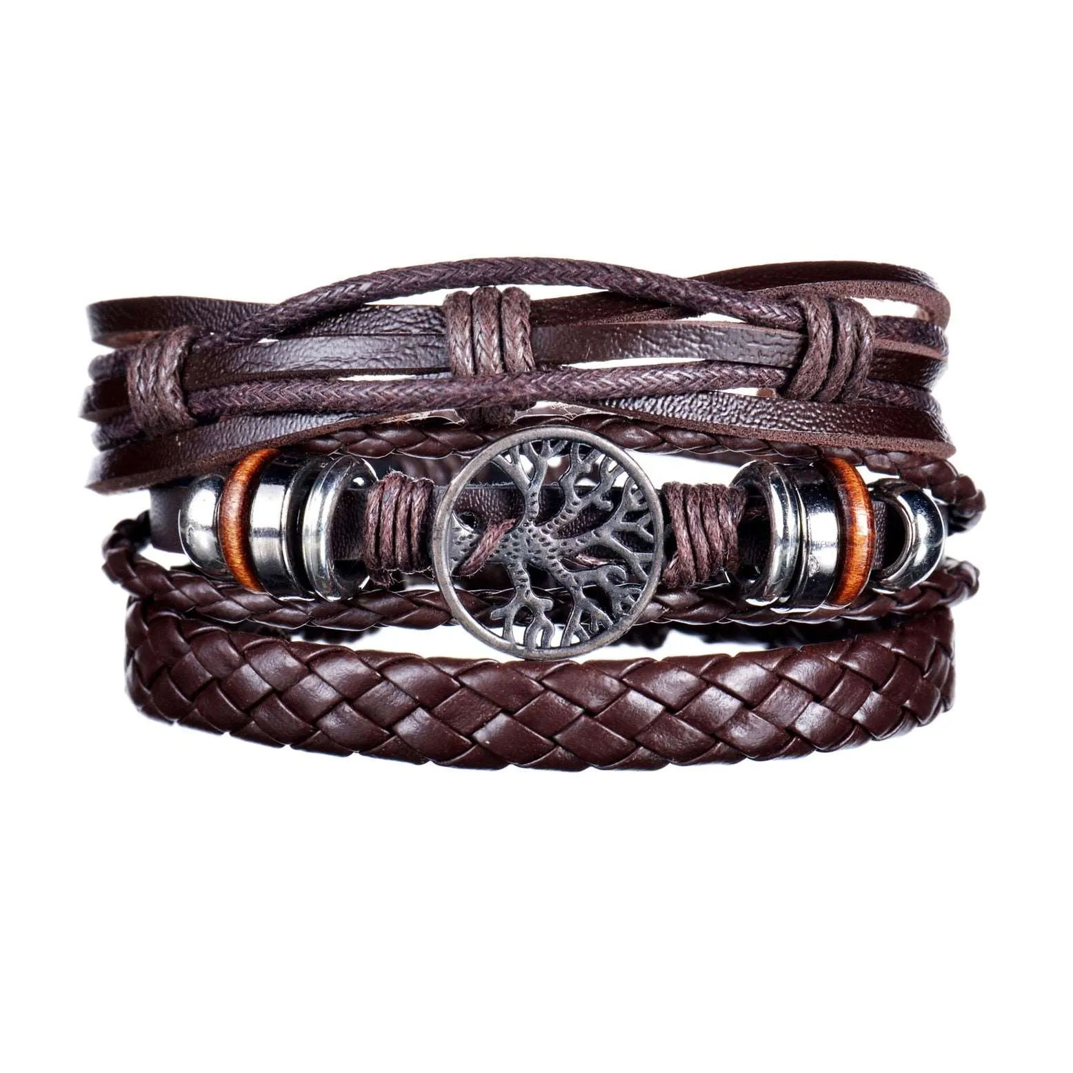 3/4Pcs/ Set  Braided Wrap Leather Bracelet for Men Vintage Life Tree Guitar Wood Beads Fashion Male Bracelets Wristband