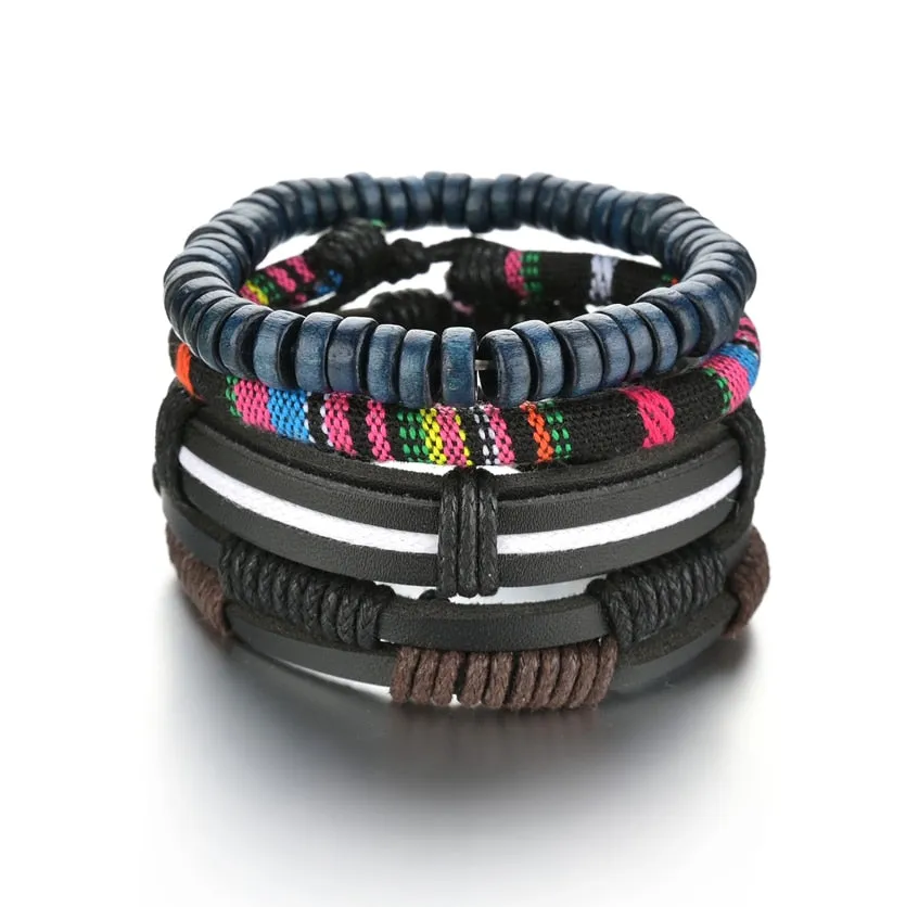 3/4Pcs/ Set  Braided Wrap Leather Bracelet for Men Vintage Life Tree Guitar Wood Beads Fashion Male Bracelets Wristband