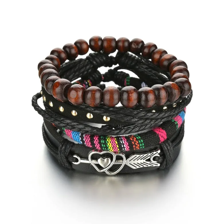 3/4Pcs/ Set  Braided Wrap Leather Bracelet for Men Vintage Life Tree Guitar Wood Beads Fashion Male Bracelets Wristband