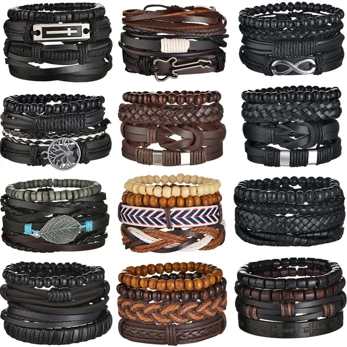 3/4Pcs/ Set  Braided Wrap Leather Bracelet for Men Vintage Life Tree Guitar Wood Beads Fashion Male Bracelets Wristband