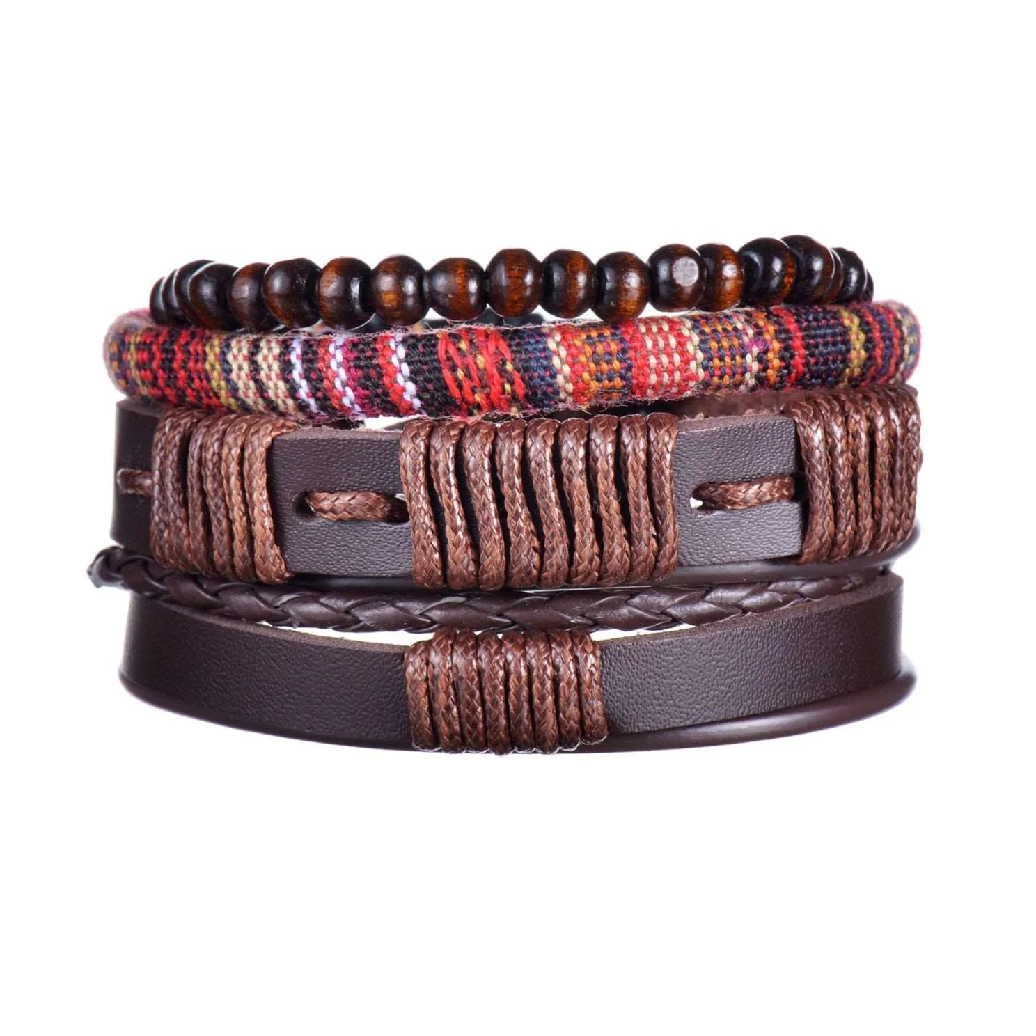 3/4Pcs/ Set  Braided Wrap Leather Bracelet for Men Vintage Life Tree Guitar Wood Beads Fashion Male Bracelets Wristband
