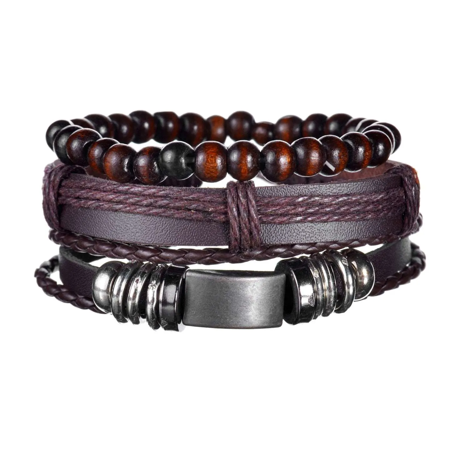 3/4Pcs/ Set  Braided Wrap Leather Bracelet for Men Vintage Life Tree Guitar Wood Beads Fashion Male Bracelets Wristband
