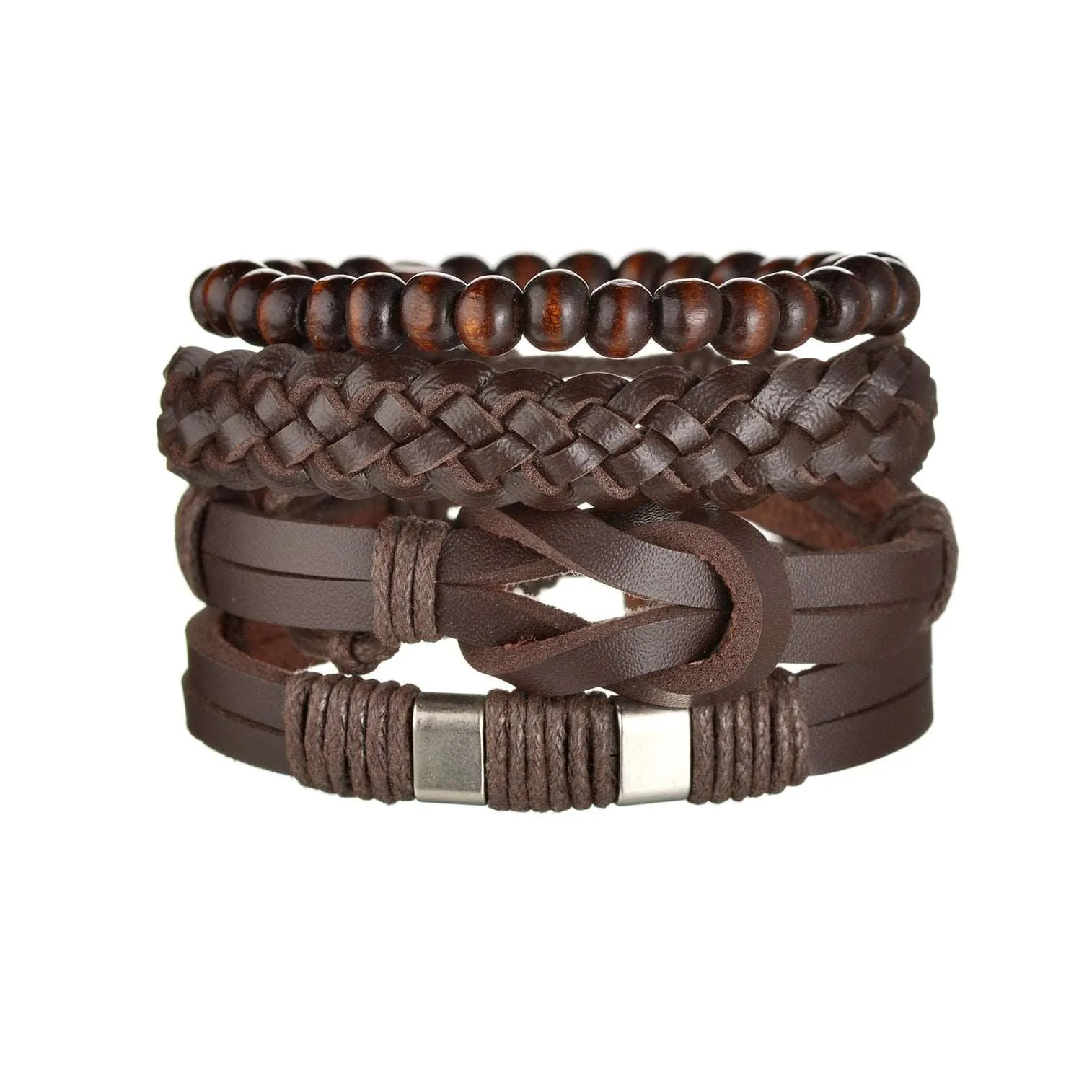3/4Pcs/ Set  Braided Wrap Leather Bracelet for Men Vintage Life Tree Guitar Wood Beads Fashion Male Bracelets Wristband