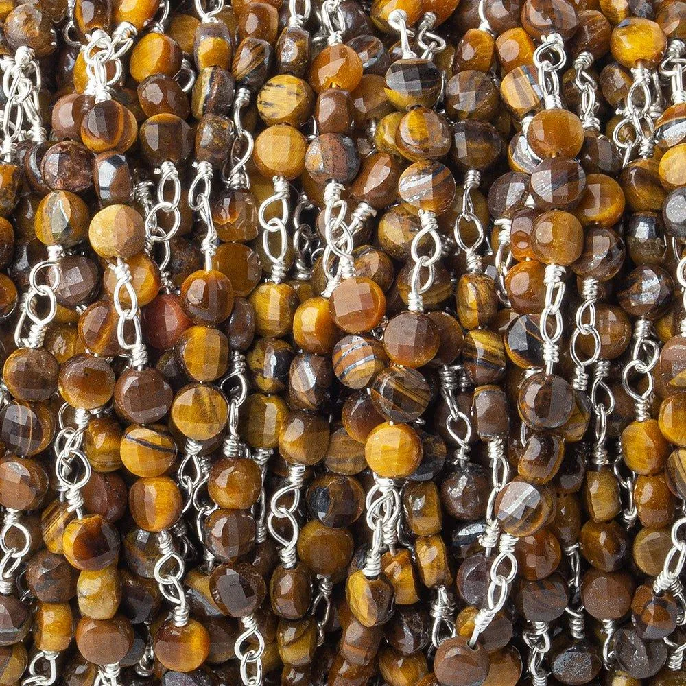 4mm Tiger's Eye faceted coin Trio Silver Chain by the foot 54 beads per length
