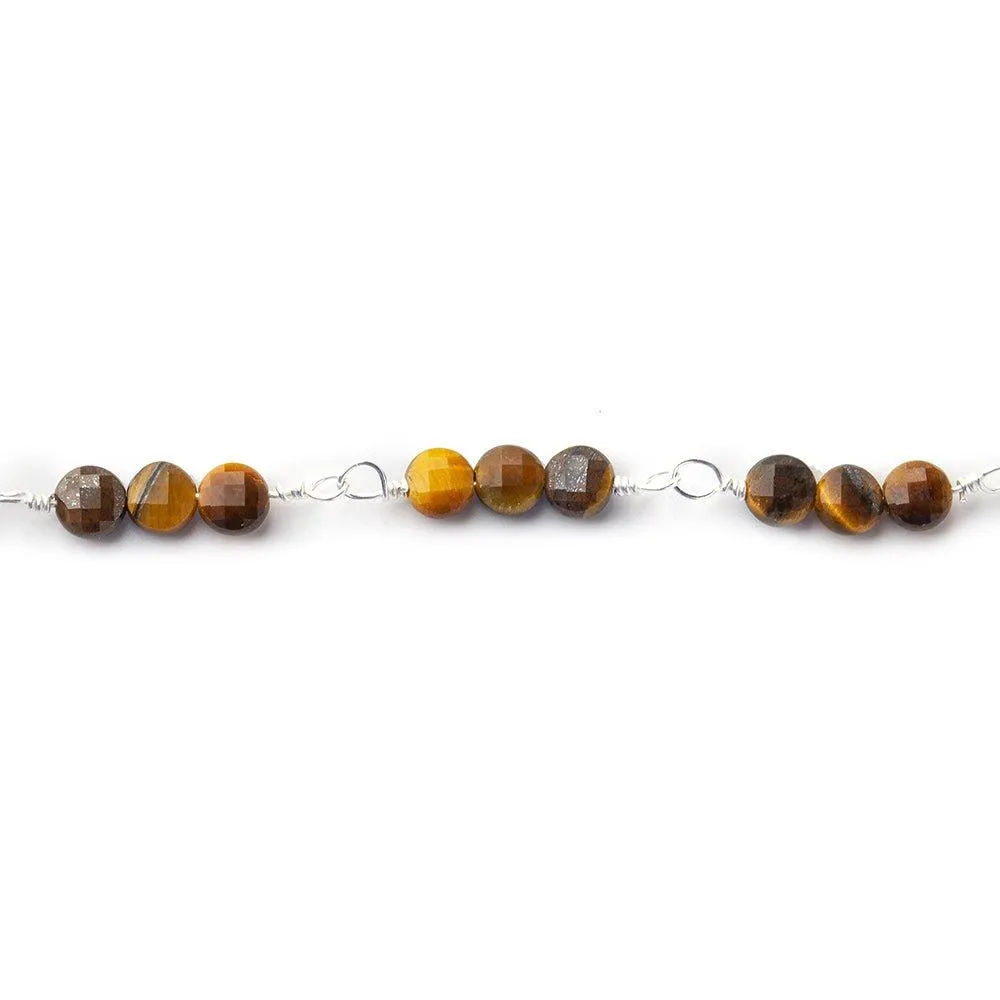 4mm Tiger's Eye faceted coin Trio Silver Chain by the foot 54 beads per length