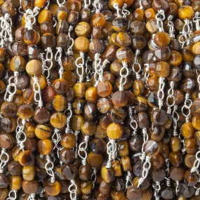 4mm Tiger's Eye faceted coin Trio Silver Chain by the foot 54 beads per length