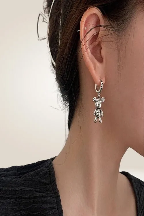 925 Sterling Silver Teddy Bear Heart Charm Earrings
